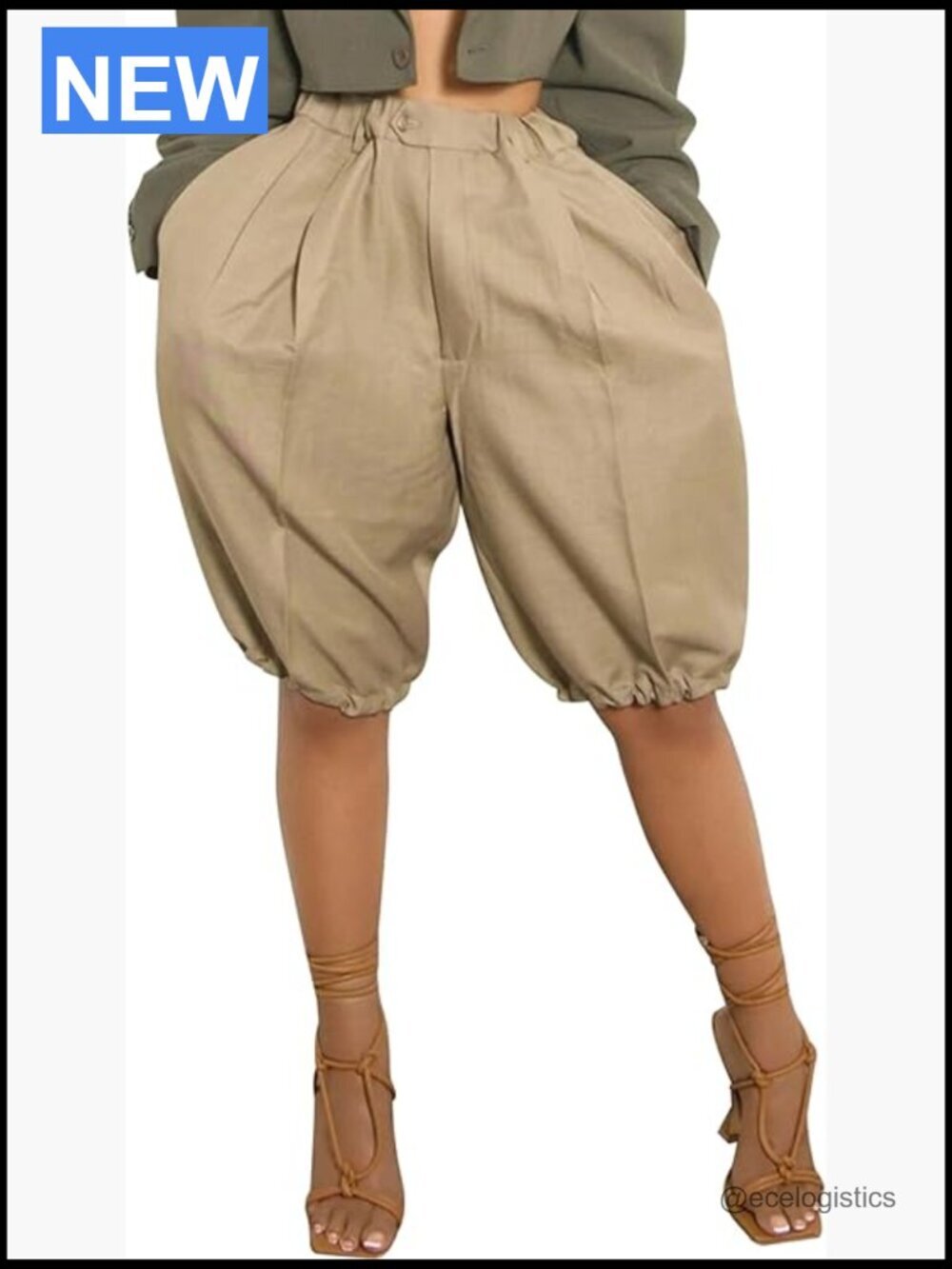 Bermuda Shorts for Women Baggy Knee Length Elastic Waist High Waisted Wide Leg